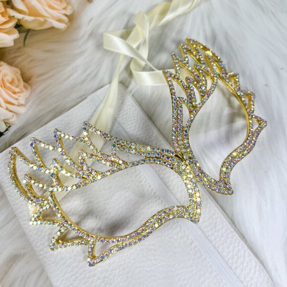 Gold Masquerade Mask, Venetian Mardi Gras Mask, AB Crystal Prom Party Eye Mask - Picture 3 of 7